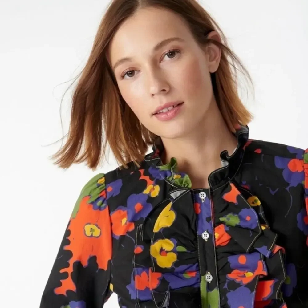 J.Crew Collection Cotton Ratti Melting Floral Ruffle Front Blouse Sz.S NWT
